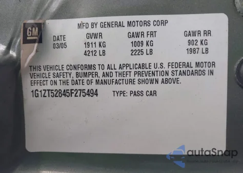 2005 Chevrolet Malibu Ls из США, поврежденный, VIN 1G1ZT52845F275494